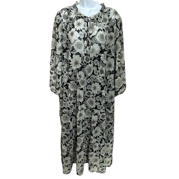 Time and Tru Black White Floral Dress Sz XXXL (22W) Tiered Midi Lined 3/4 Sleeve - Picture 1 of 6